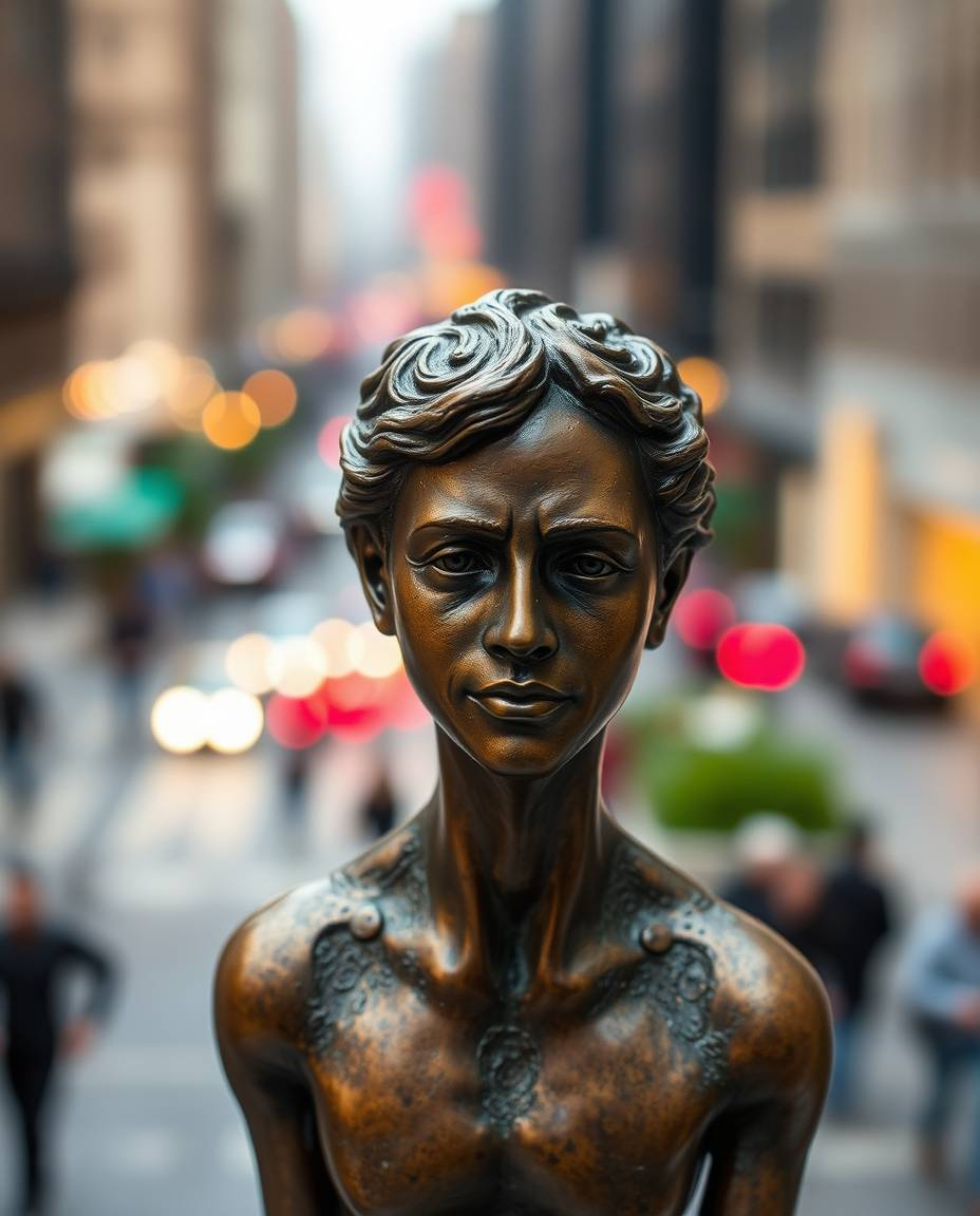 This cast bronze sculpture captures a dramatic scene of a city ablaze with people running in all directions, rendered with a 
