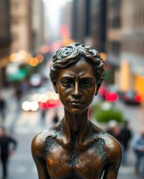 This cast bronze sculpture captures a dramatic scene of a city ablaze with people running in all directions, rendered with a 