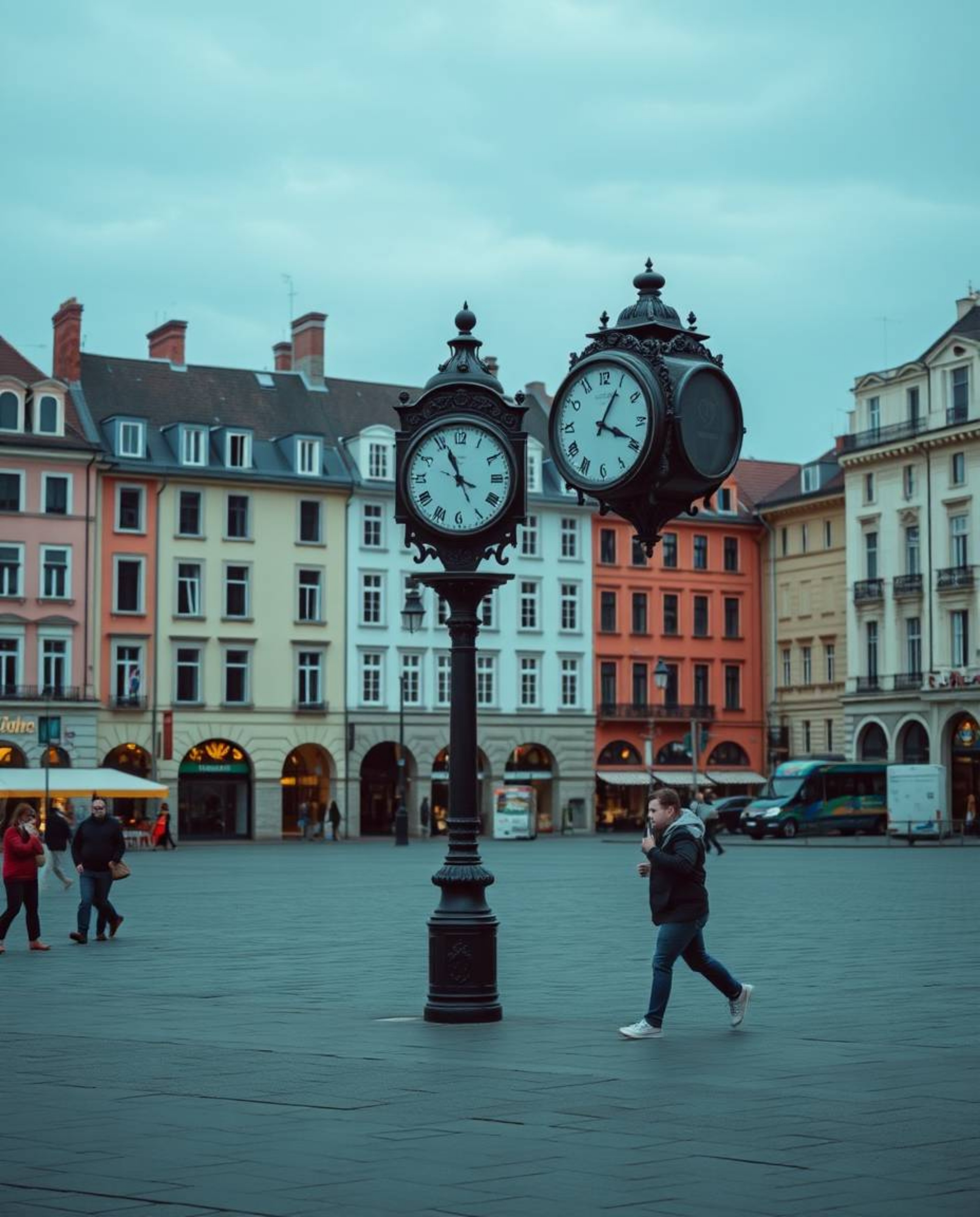This street photography image captures a candid and evocative scene of an empty town square, dominated by the presence of tic