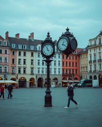 This street photography image captures a candid and evocative scene of an empty town square, dominated by the presence of tic