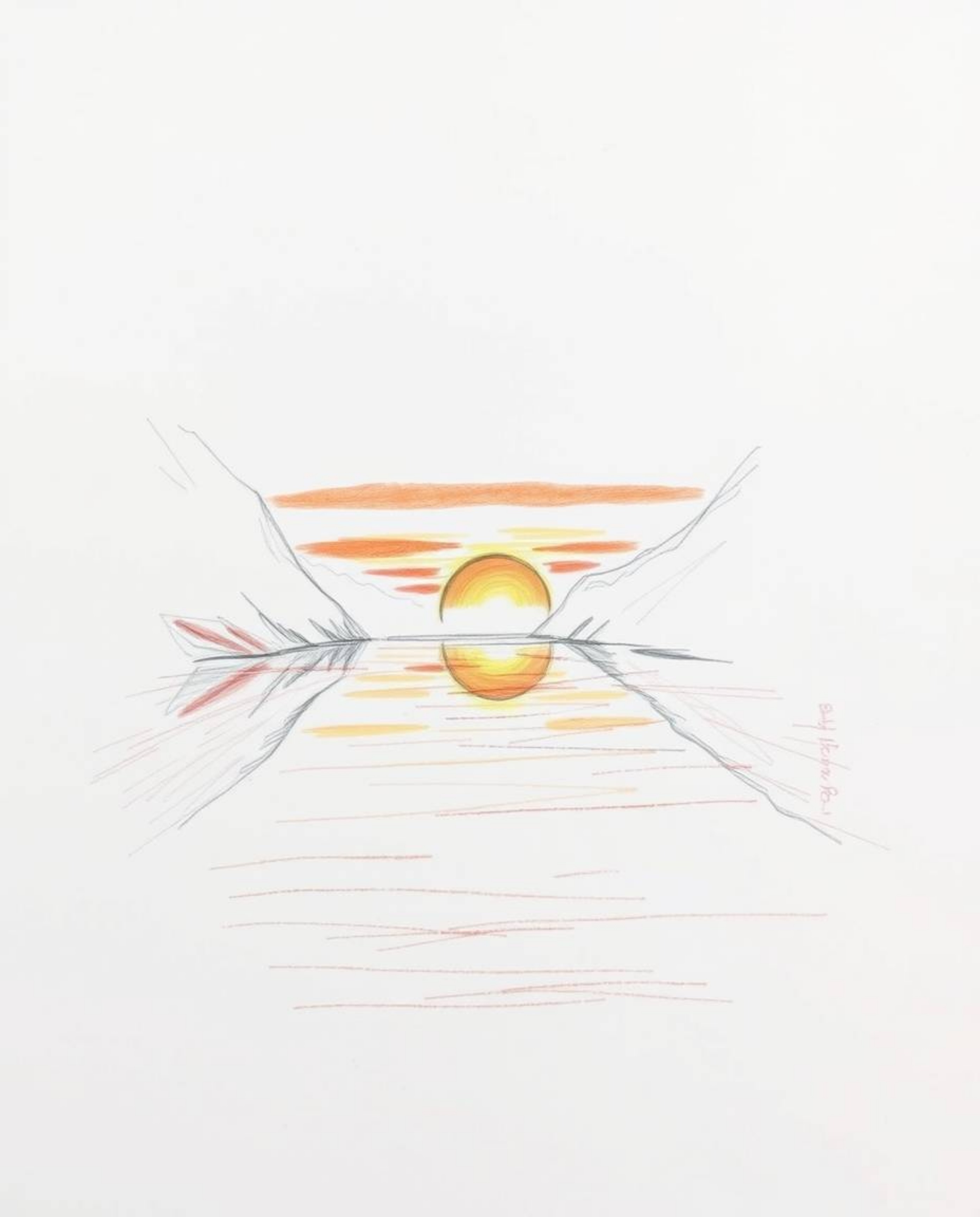 A hand-drawn sketch depicts a glassy fjord reflecting a sunset amidst thick foggy surroundings. The artwork utilizes a warm c