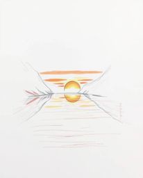 A hand-drawn sketch depicts a glassy fjord reflecting a sunset amidst thick foggy surroundings. The artwork utilizes a warm c