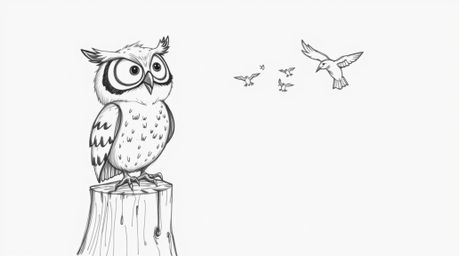 A heartwarming hand-drawn sketch in the style of Pixar showcases a blind owl with wonderfully expressive eyes, perched proudl