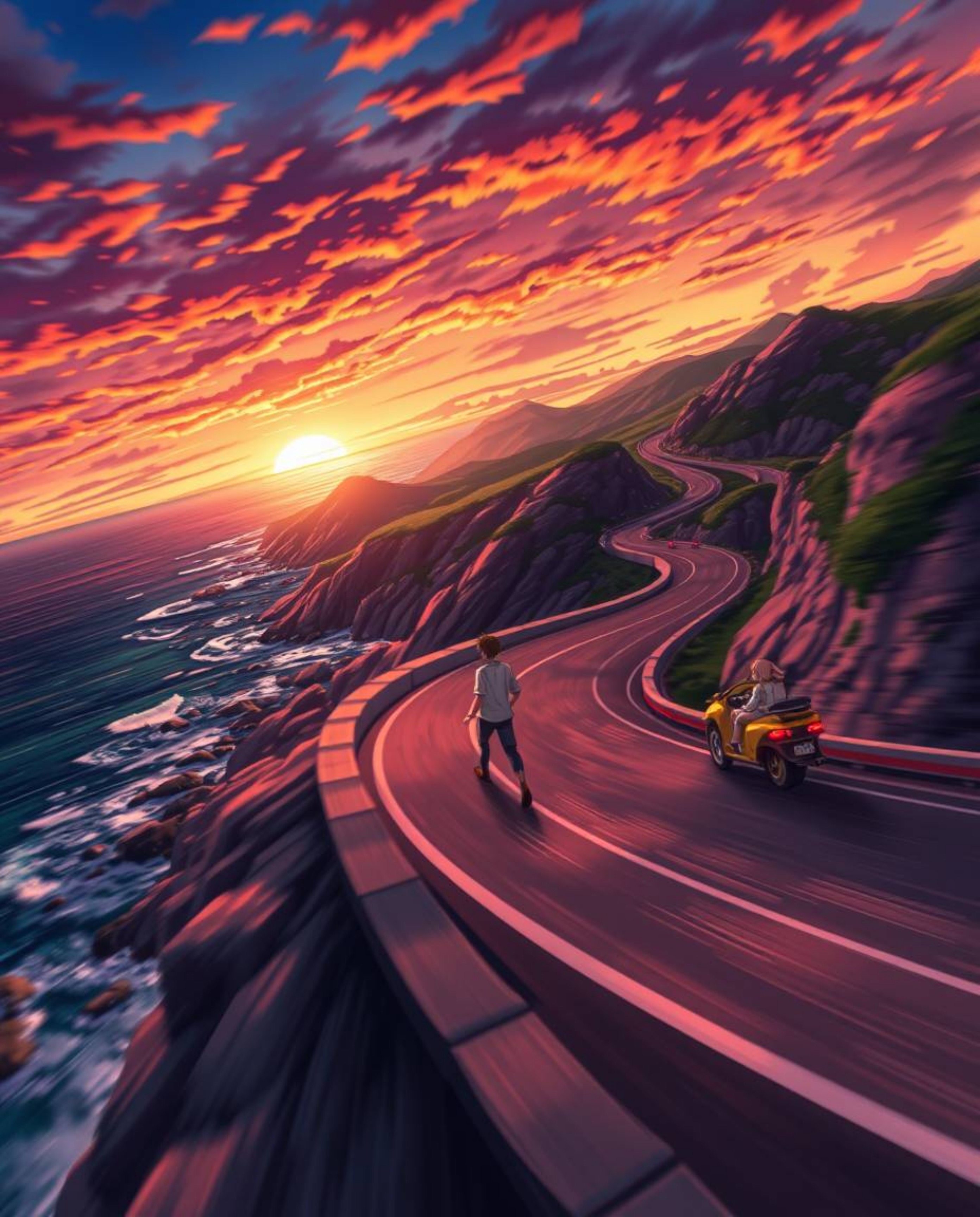 This dynamic Isekai anime style artwork captures a winding coastal highway at sunset, filled with action and tension. The sce