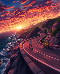 This dynamic Isekai anime style artwork captures a winding coastal highway at sunset, filled with action and tension. The sce