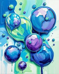 A captivating acrylic painting showcases floating 3D blobs of fluid jelly in a cool color palette dominated by vibrant blues,