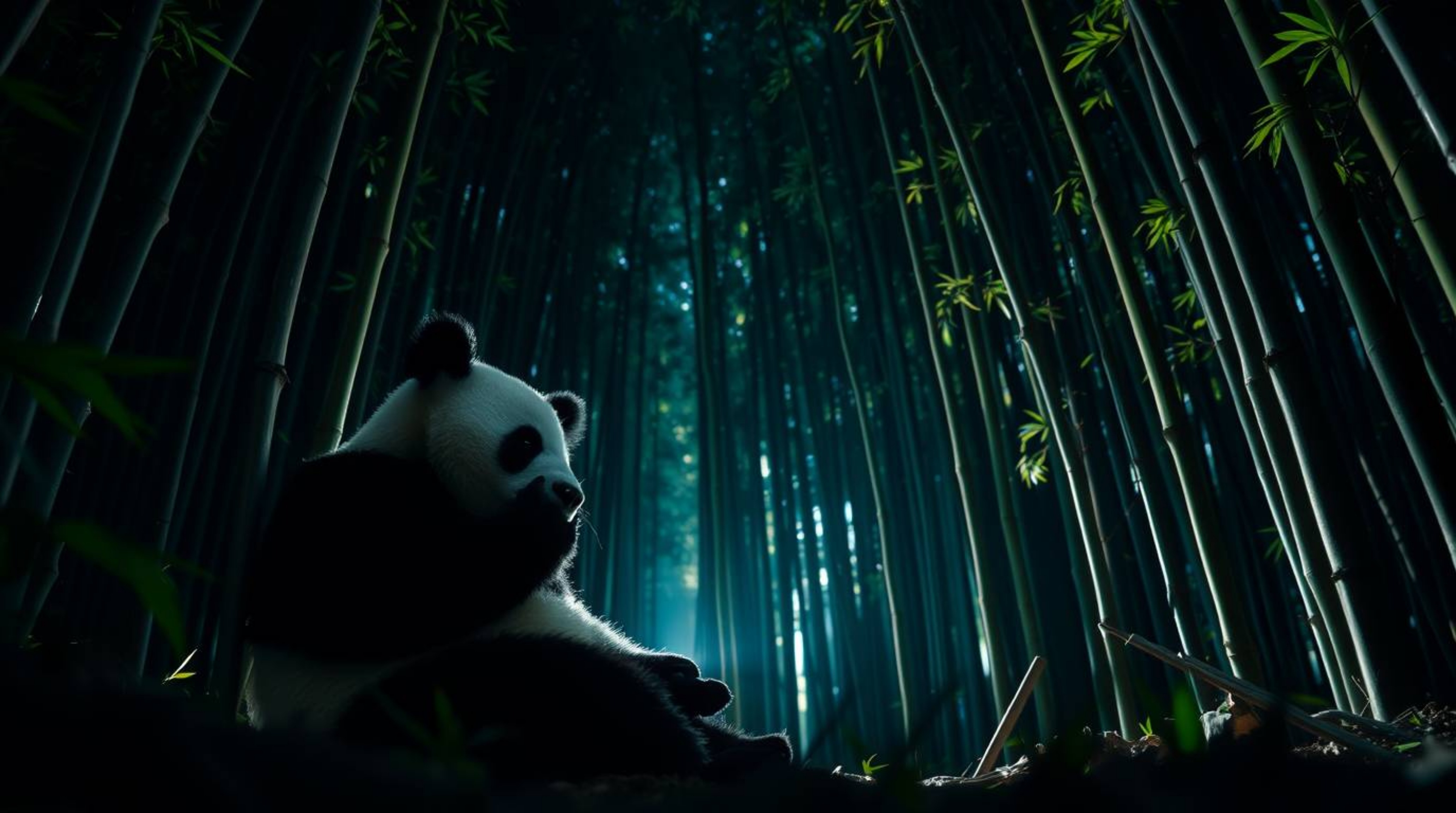 Explore the serene yet dramatic scene of a martial artist panda in deep meditation within a bamboo forest. This low-angle pho