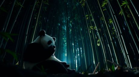 Explore the serene yet dramatic scene of a martial artist panda in deep meditation within a bamboo forest. This low-angle pho