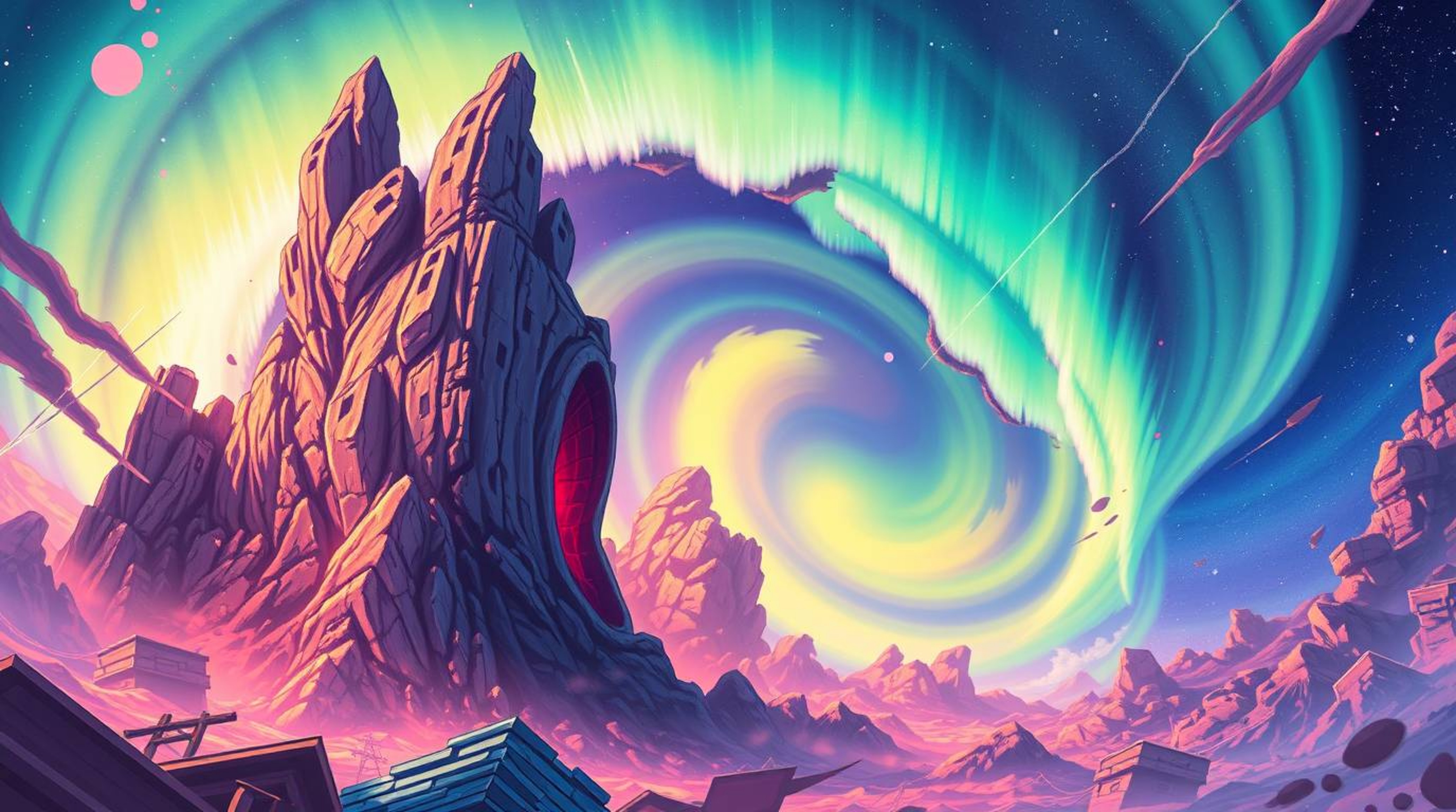 Experience a vibrant isekai anime style digital illustration featuring an expressive composition and electric vivid colors. I