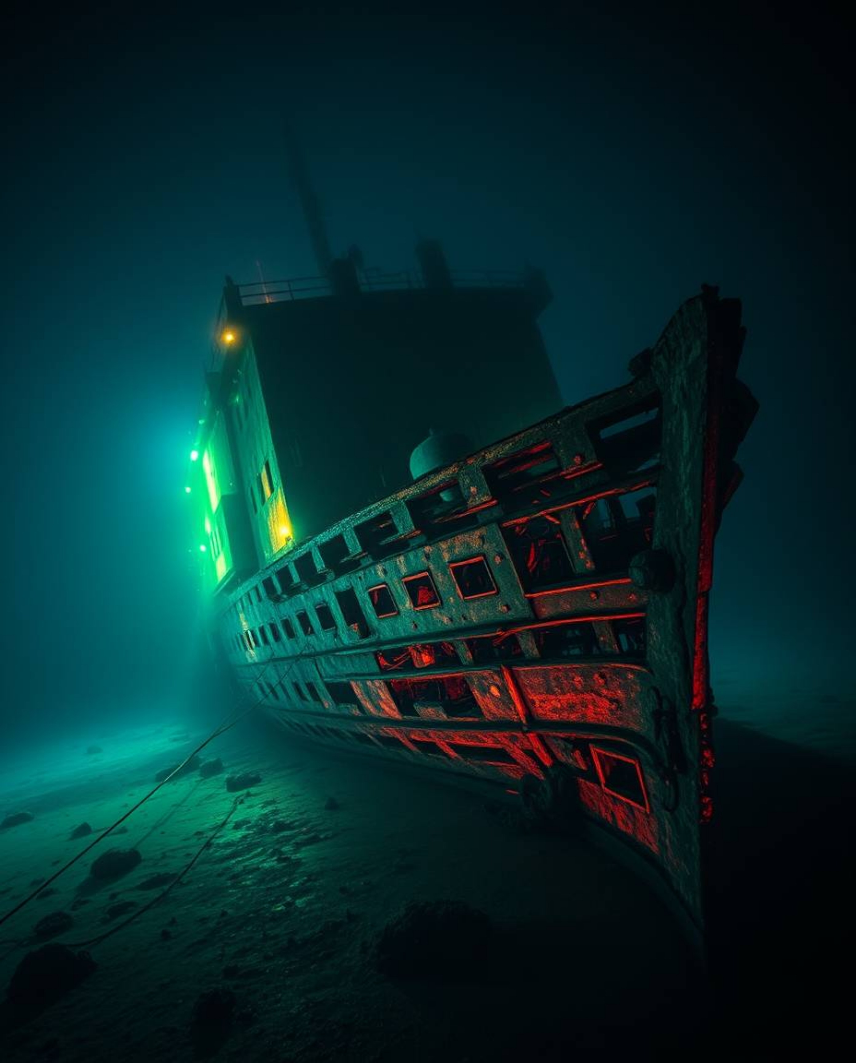 An eerie and creepy shipwreck, illuminated deep underwater, presents a captivating yet unsettling scene. The interplay of iri