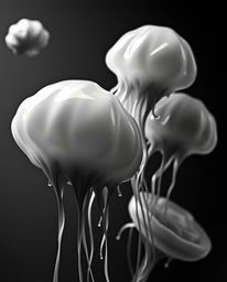 This unsettling black and white photograph captures a creepy atmosphere with floating 3D blobs of fluid jelly. The dark tones