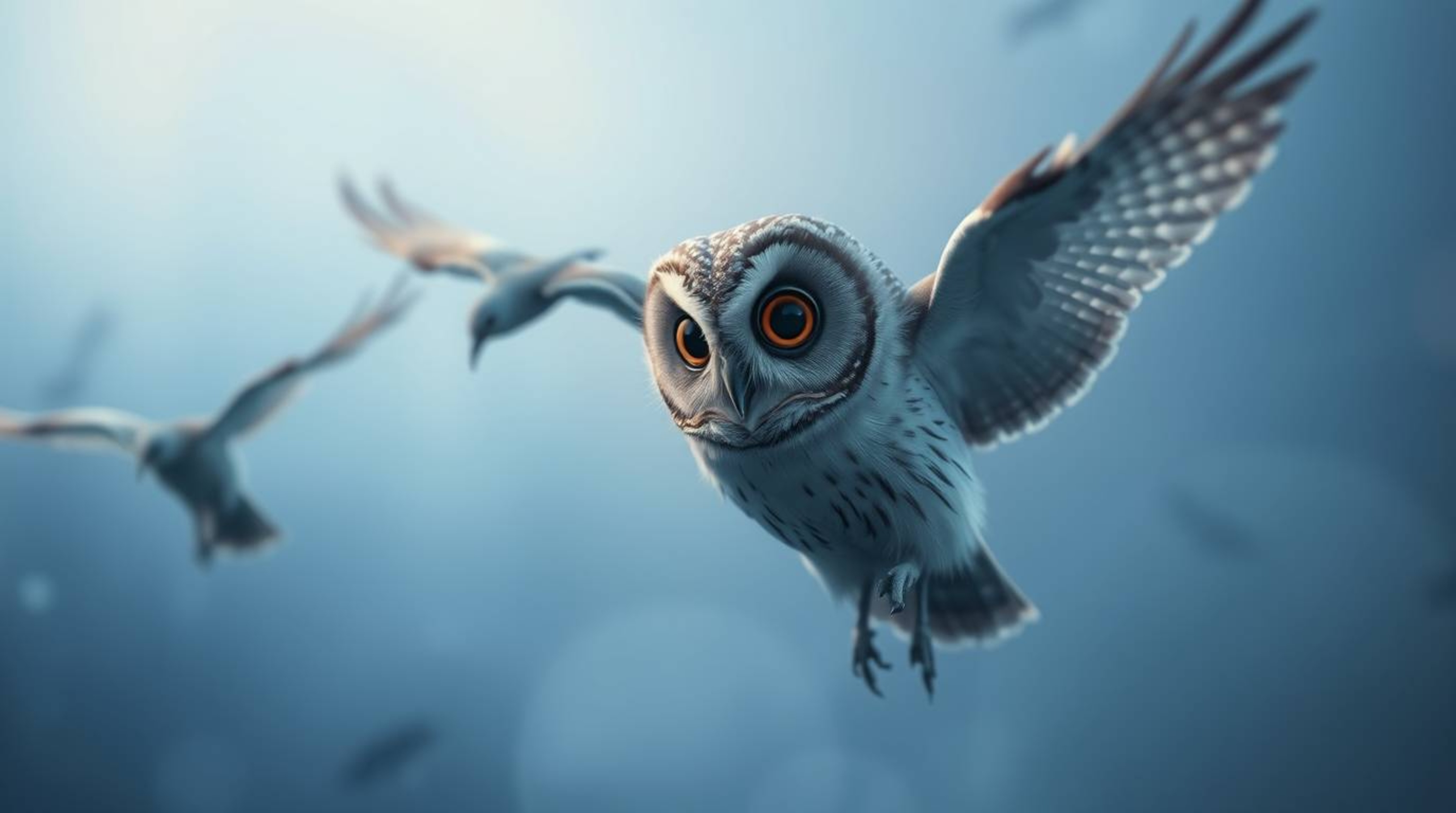 This long exposure photograph captures an ethereal and spiritual vibe, featuring a Pixar-esque blind owl with large, expressi