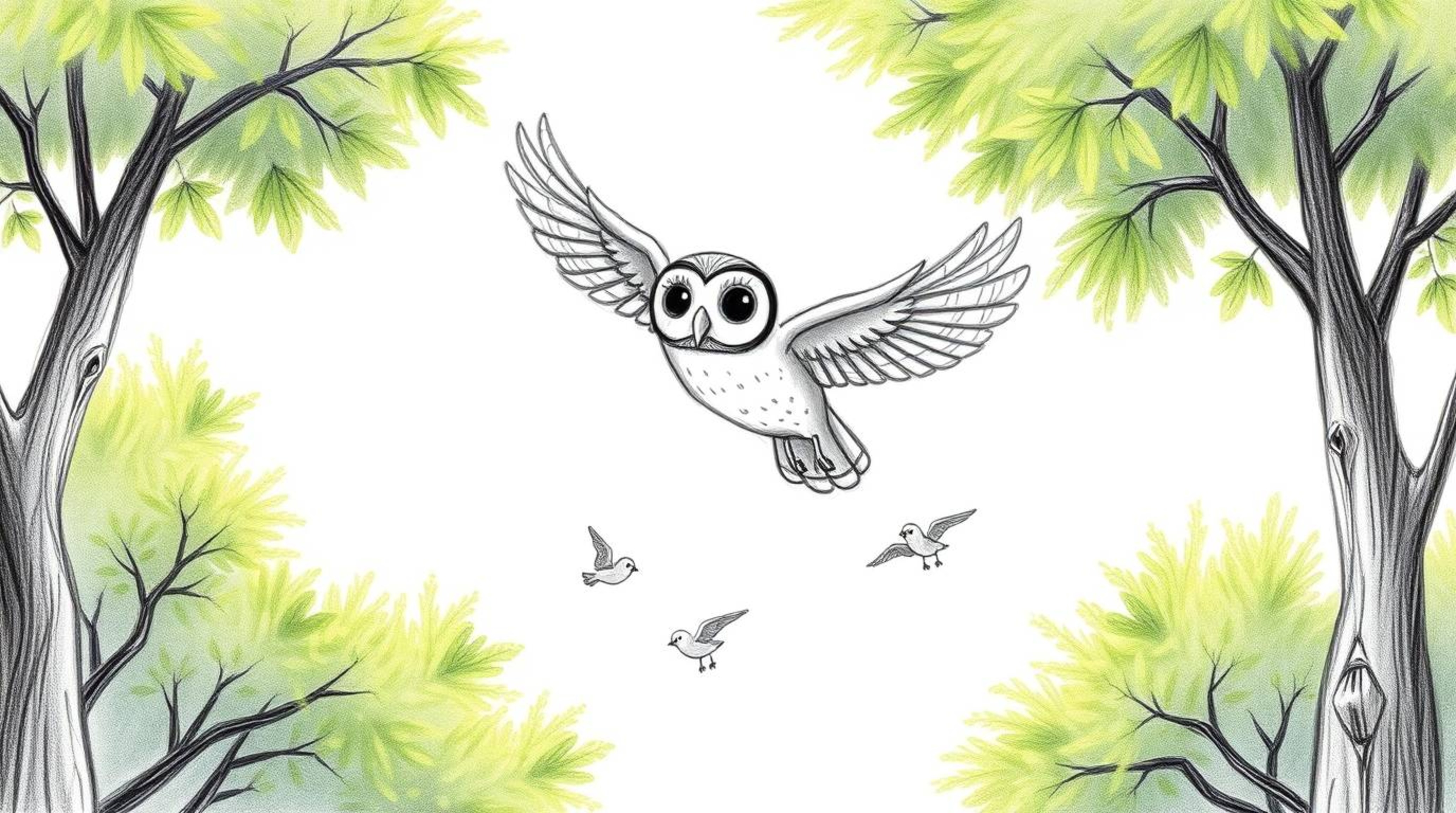 A captivating hand-drawn pencil sketch depicts a blind owl, rendered in a Pixar-esque style, gracefully gliding through lush 