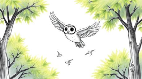 A captivating hand-drawn pencil sketch depicts a blind owl, rendered in a Pixar-esque style, gracefully gliding through lush 
