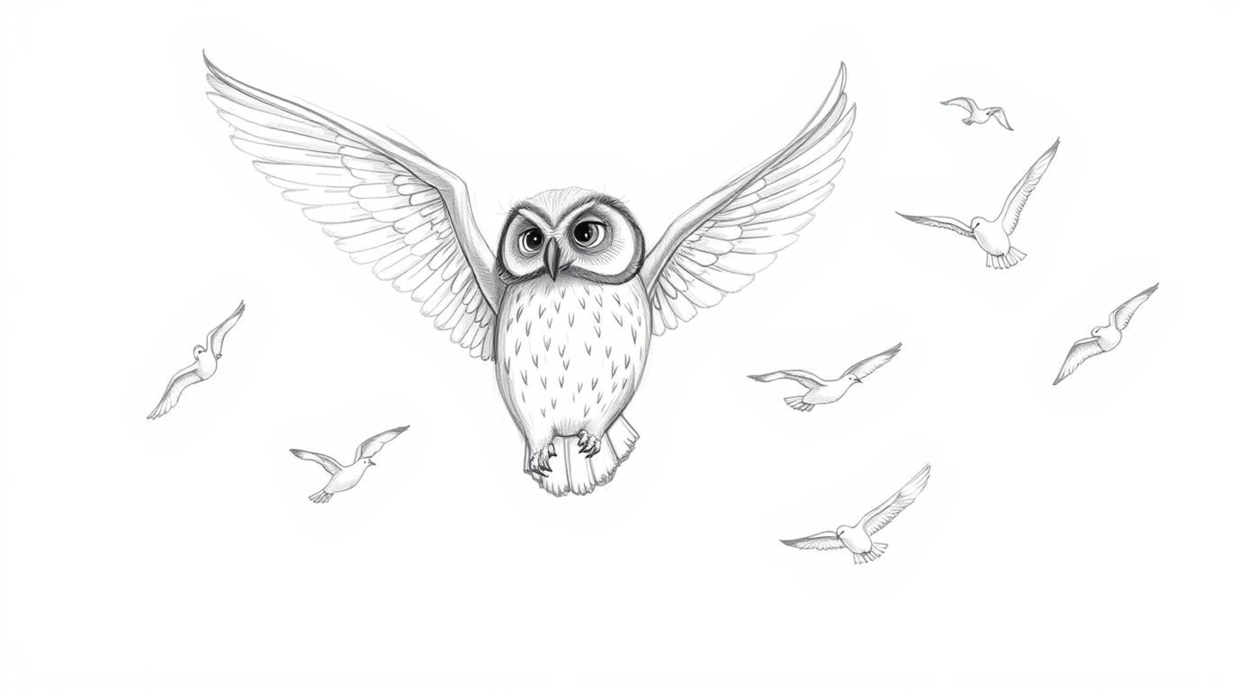A heartwarming hand-drawn pencil sketch depicts a blind owl with meticulously detailed feathers guiding a flock of birds in h