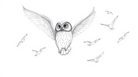A heartwarming hand-drawn pencil sketch depicts a blind owl with meticulously detailed feathers guiding a flock of birds in h