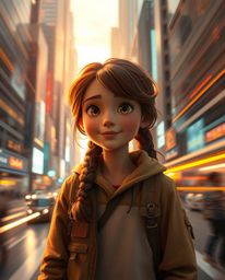 Explore the captivating world of long exposure photography featuring a young inventor girl in a futuristic city, rendered in 