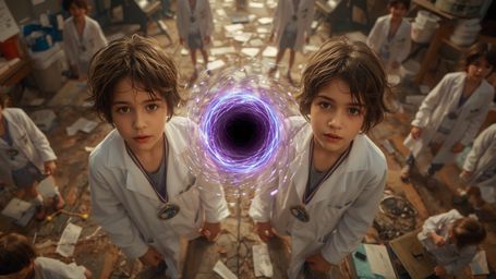 A highly detailed, cinematic photograph in a vibrant, Pixar-inspired style captures a science fair duo, a boy and girl around