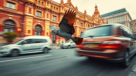 Architectural color photography captures a dynamic scene with a fast-running bird zooming past traffic, emphasizing sharp lin