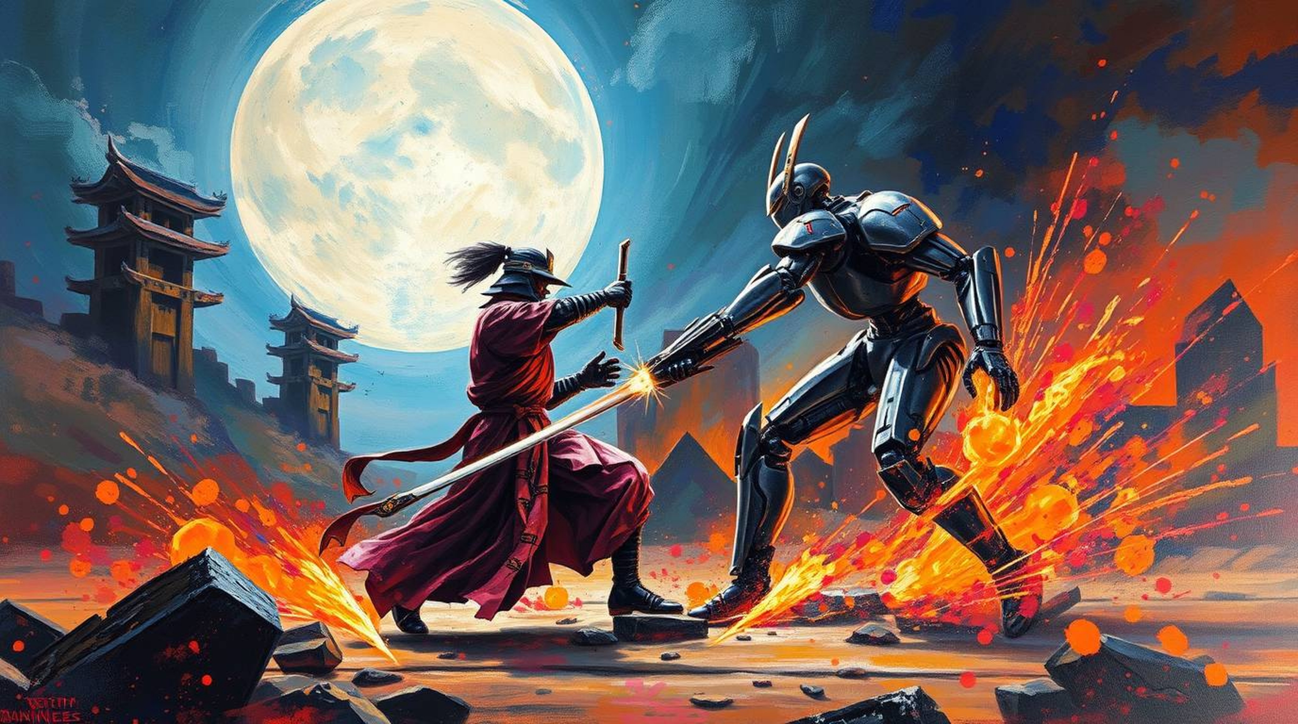 An acrylic painting depicts a thrilling battle between a samurai and a robot set against a dystopian backdrop, illuminated by