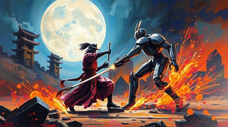 An acrylic painting depicts a thrilling battle between a samurai and a robot set against a dystopian backdrop, illuminated by