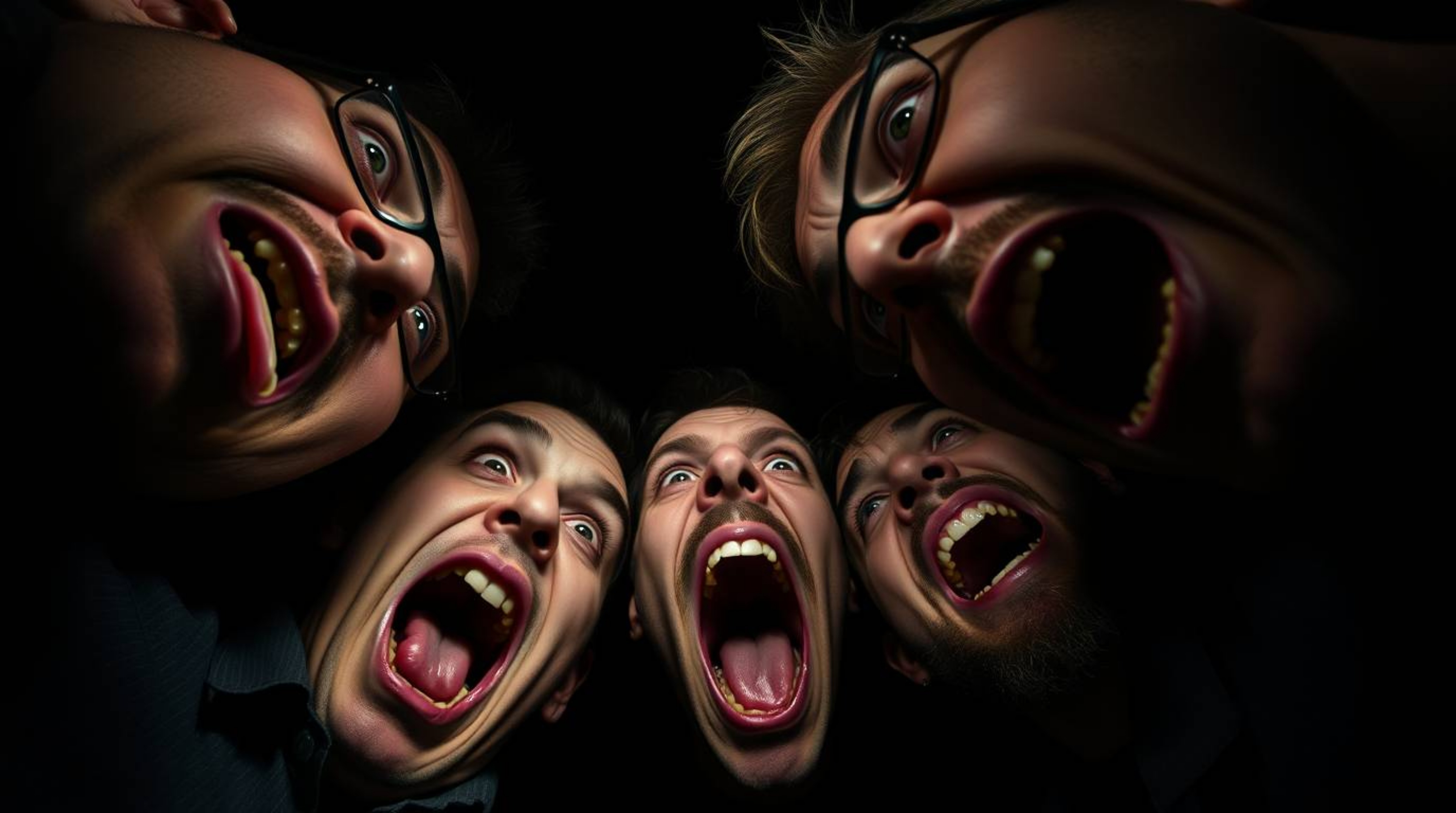 A dramatic low-angle shot captures a hilarious gross-out comedy moment. Exaggerated expressions are rendered in intense jet b