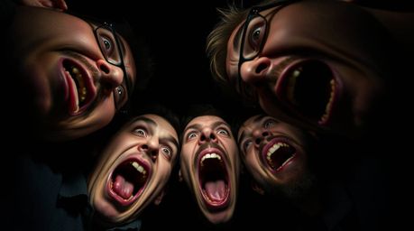 A dramatic low-angle shot captures a hilarious gross-out comedy moment. Exaggerated expressions are rendered in intense jet b