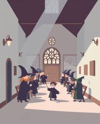 Explore a captivating world of magic and learning within a modern flat design, bathed in soft pastel colors and dramatic chia