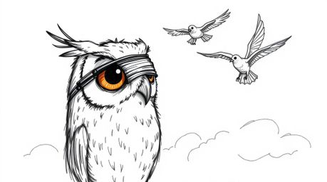 A heartwarming image featuring a Pixar-inspired hand-drawn sketch of a blind owl with large, expressive eyes, passionately te