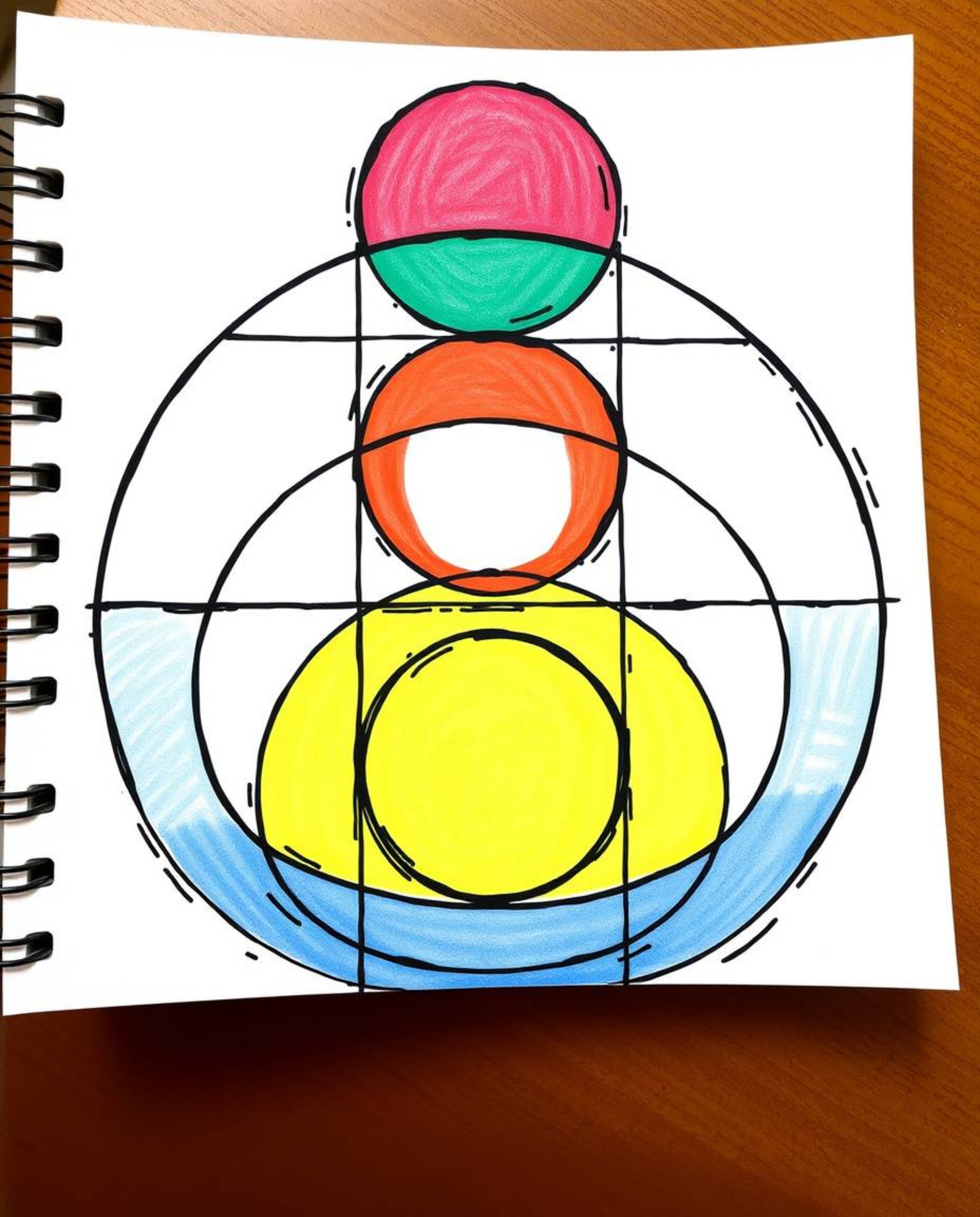 A lively hand-drawn sketch in a vibrant color sketchnote style showcases a minimalist geometric pattern of circles and lines,