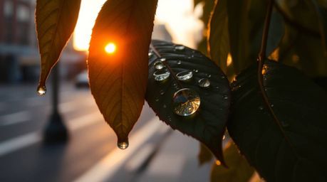 An extreme macro close-up candid street photograph capturing the beauty of sunset reflecting in raindrops on leaves within an