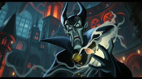 A classic Disney villain, characterized by sharp, angular features, is depicted casting a powerful spell within a technologic