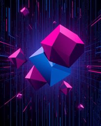 Explore a sophisticated and elegant digital illustration featuring glitched geometric shapes adrift in a vibrant cyberspace m