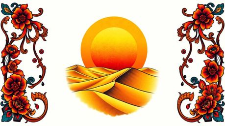 A stunning traditional tattoo art print showcasing a vibrant sunset over golden desert dunes.  This retro-style design featur