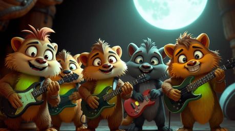 Discover a captivating band of cartoon animals playing electrifying rock music!  Their expressive eyes and detailed fur textu