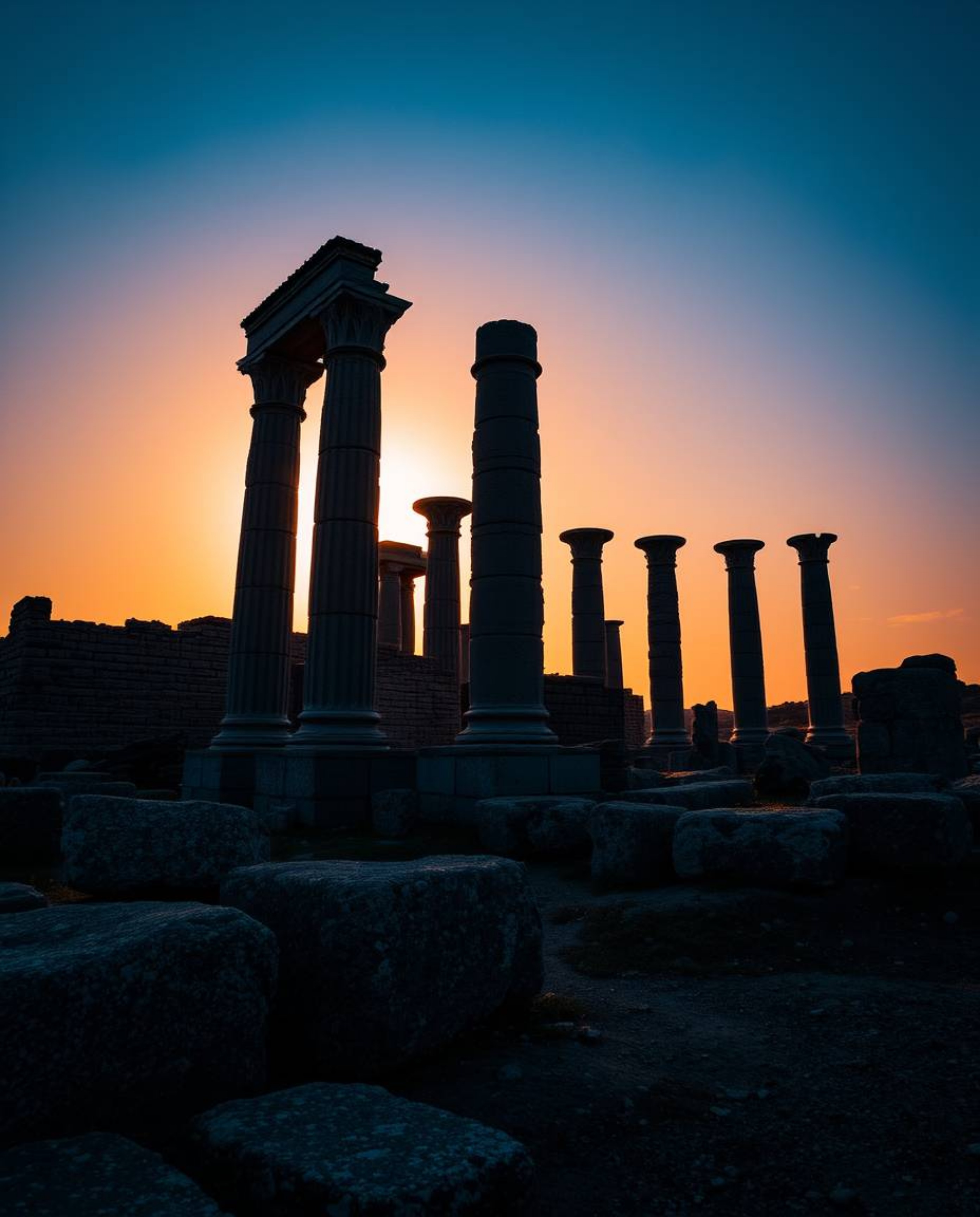 High-contrast, low-key lighting and vibrant complementary colors highlight ancient stone ruins at sunset. This scene emphasiz