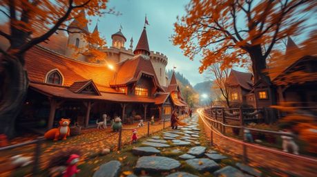 A captivating long-exposure photograph transports viewers to a whimsical fantasy kingdom brimming with quirky magical creatur
