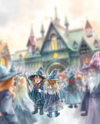A delicate watercolor painting captures the essence of a magical school teeming with young wizards. The artwork features smoo