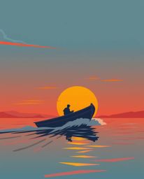 This is a modern flat design illustration that depicts a boat drifting on a lake at sunset. The artwork utilizes blurred line