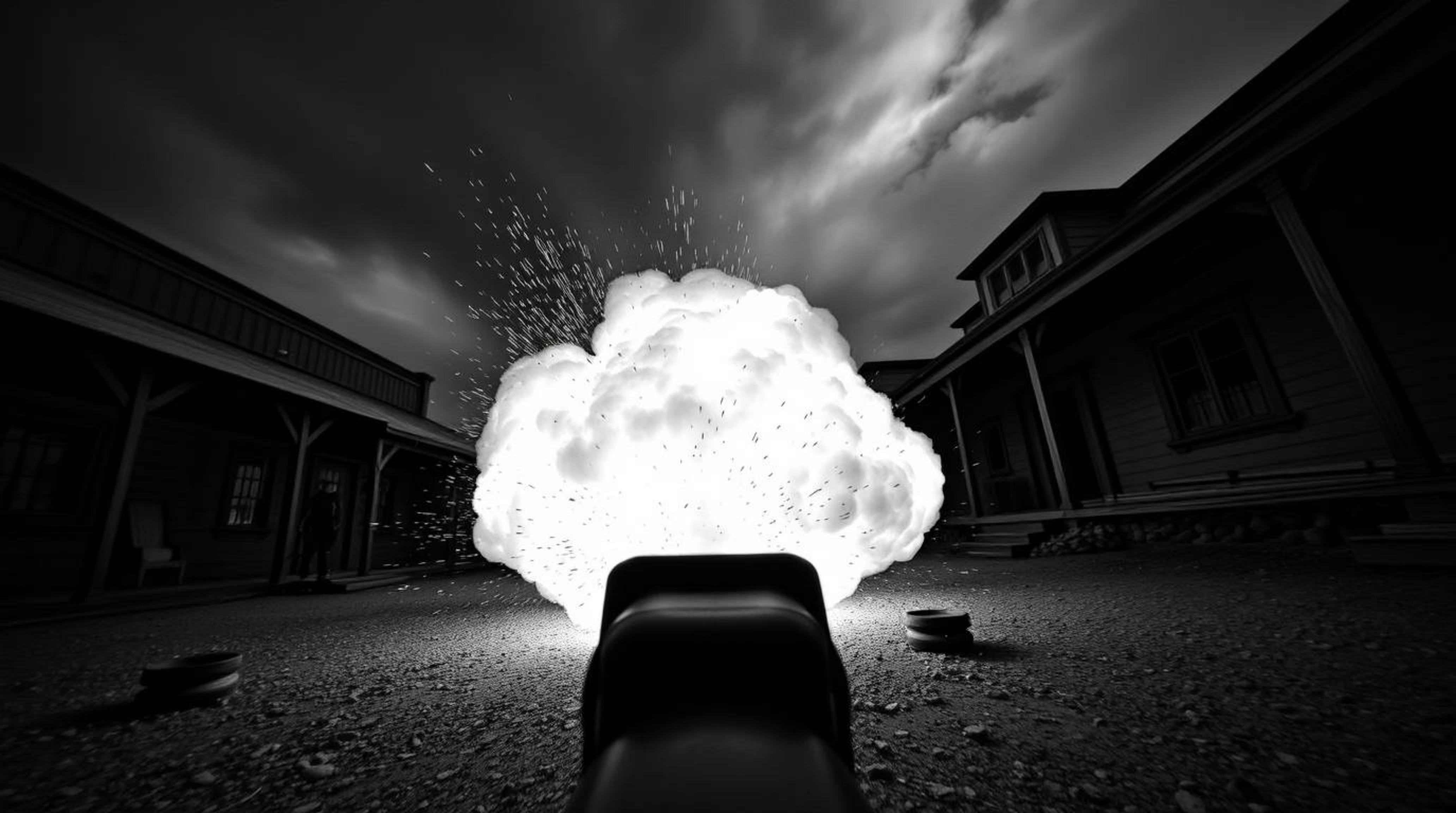 A timeless and elegant high-angle black and white photograph captures a classic exploding TNT gag in the Wild West. This imag