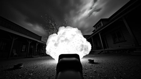 A timeless and elegant high-angle black and white photograph captures a classic exploding TNT gag in the Wild West. This imag