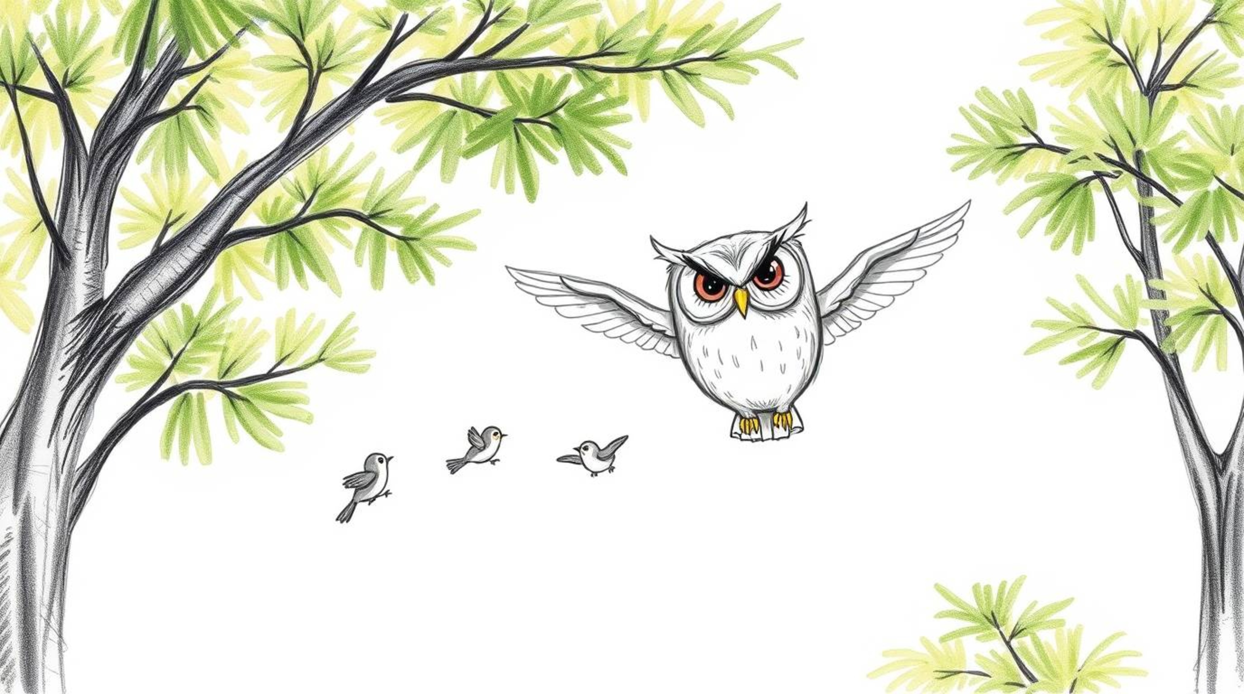 This enchanting hand-drawn sketch, reminiscent of Pixar's iconic style, depicts a blind owl with expressive, slightly weary e