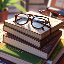 A captivating image featuring a stack of old travel books, gently worn and filled with untold stories, with a pair of reading