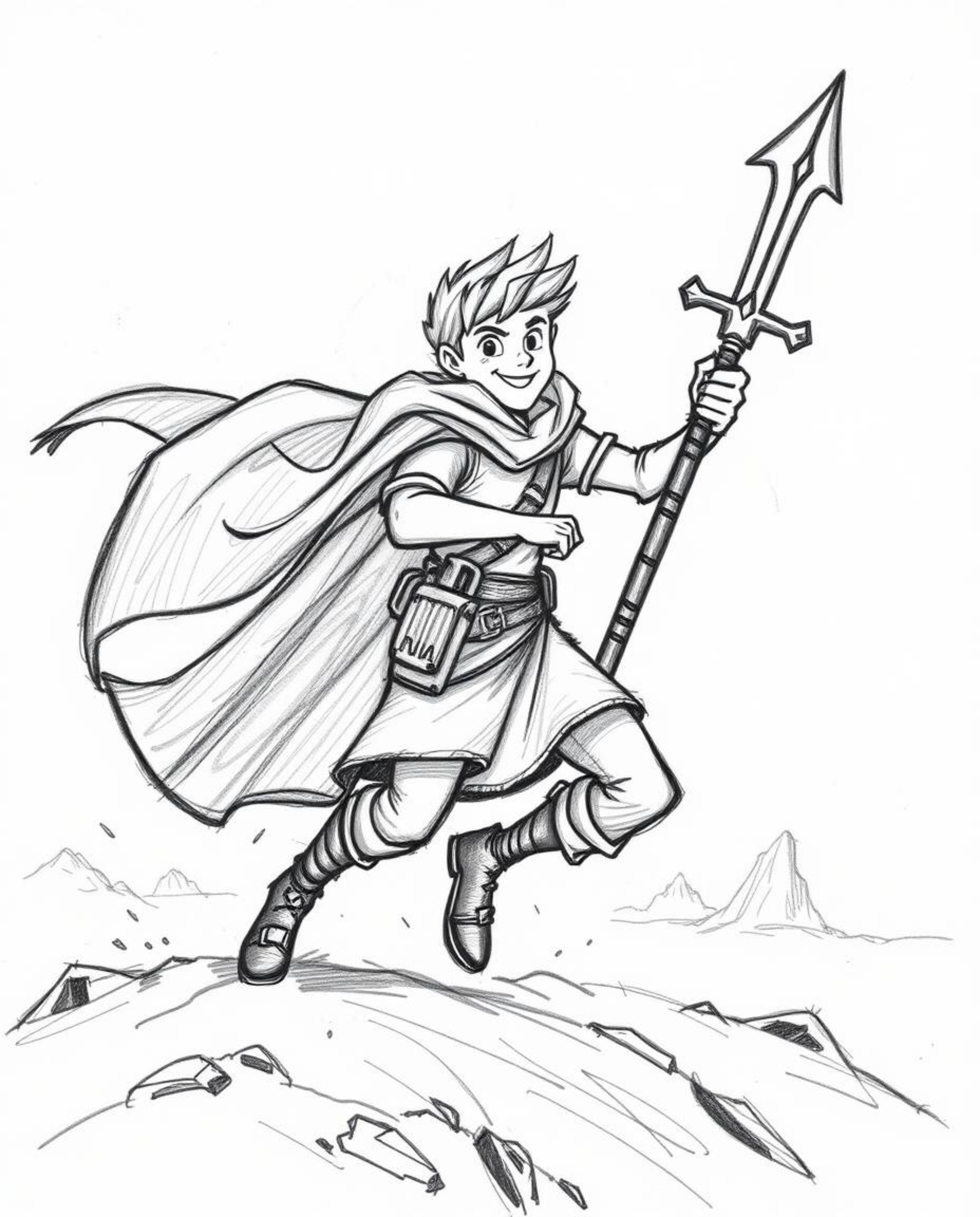 A captivating hand-drawn sketch depicts a brave hero embarking on a thrilling Disney-style desert adventure.  The illustratio