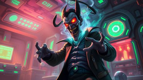 A digital painting depicting a villain's comical breakdown within a high-tech lair, showcasing glowing bioluminescent and sof