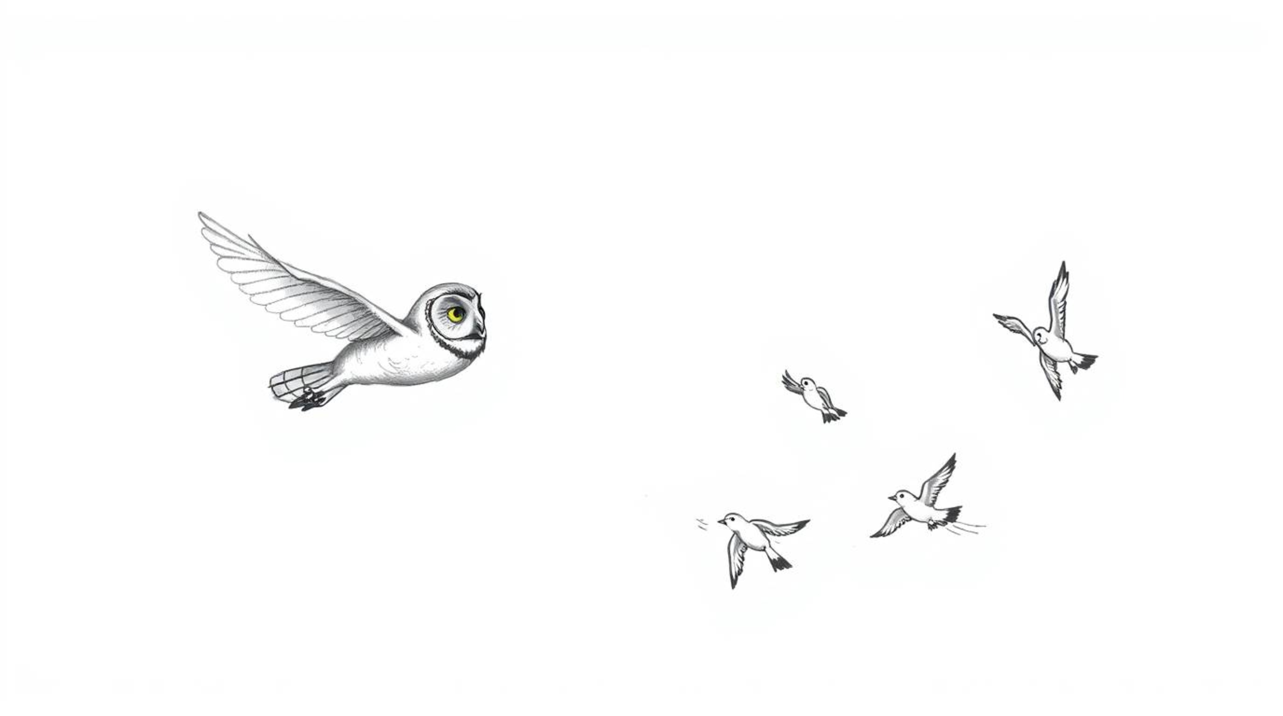 A heartwarming scene unfolds in a Pixar-esque hand-drawn sketch: a blind owl, mid-flight, imparts the wisdom of soaring to a 