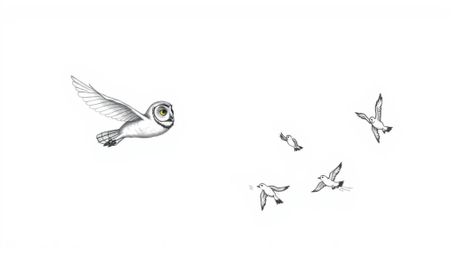 A heartwarming scene unfolds in a Pixar-esque hand-drawn sketch: a blind owl, mid-flight, imparts the wisdom of soaring to a 