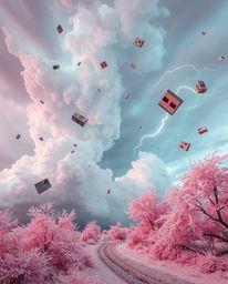 Explore a surreal storm scene featuring objects defying gravity, rendered in striking infrared tones. This creative light art