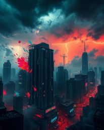 Experience a high-tension scene of a cyberpunk cityscape bathed in colorful neon splashes, set against a backdrop of stormy s