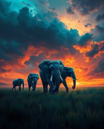 This is a dramatic digital painting of elephants walking across a field at sunset, set against intense weather conditions and